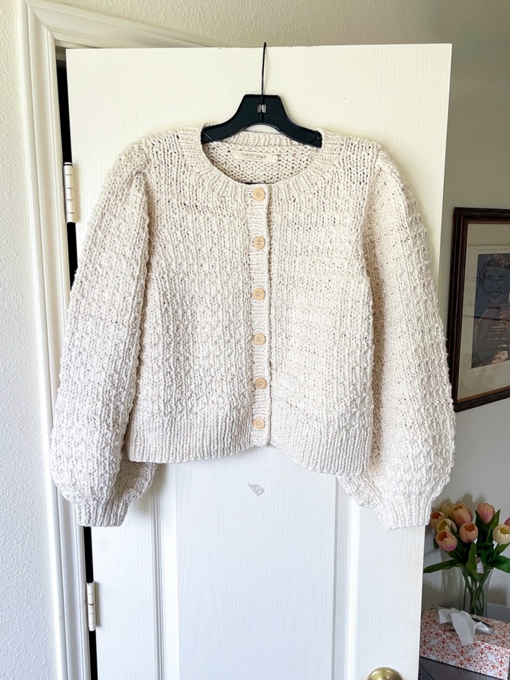 Christy Dawn Nola Cardigan Chunky Knit Cotton Creme Large EUC - Picture 2 of 12